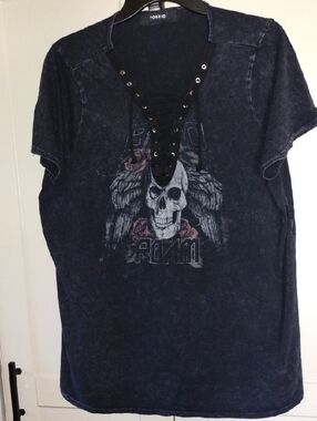 torrid Washed Black Lace-Up Skull Tee with Rose Accents